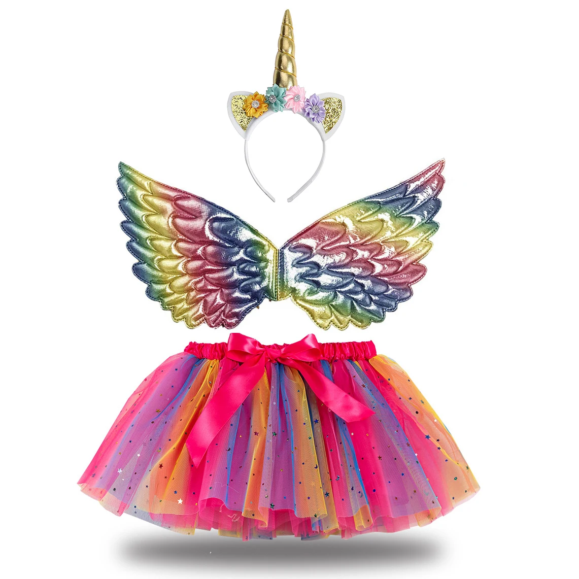 Meisje Verjaardagsfeestje Kostuum Eenhoorn Hoorn Hoofdband Leuke Fee Vleugel En Sparkle Tutu Rok Set Voor Prinses Cosplay Outfit