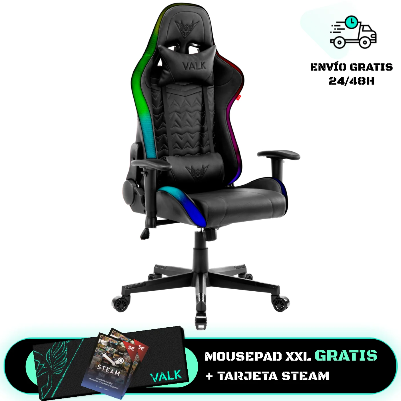 VALK Skadi-LED Gamer chair-reclining 2D armrest-gaming chair, desk chair, computer chair, office chair, ergonomic chair, youth desk chair, gaming chair, gamers-Black