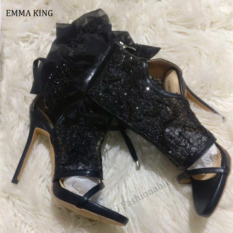 2020 Luxury Black Mesh Women\'s Ankle Boots Autumn Peep Toe Ankle Strap Boots Sandals Elegant Black Lace Women High Heel Boots