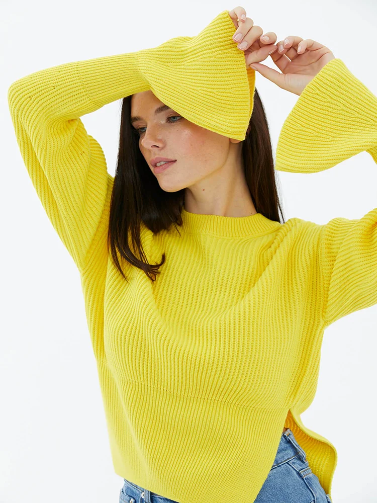 

Zero Collar Flare Sleeve High Textured Knitwear Fabric Vent Sweater 2022 New Fashion Women Winter Pullovers 6 Color Option