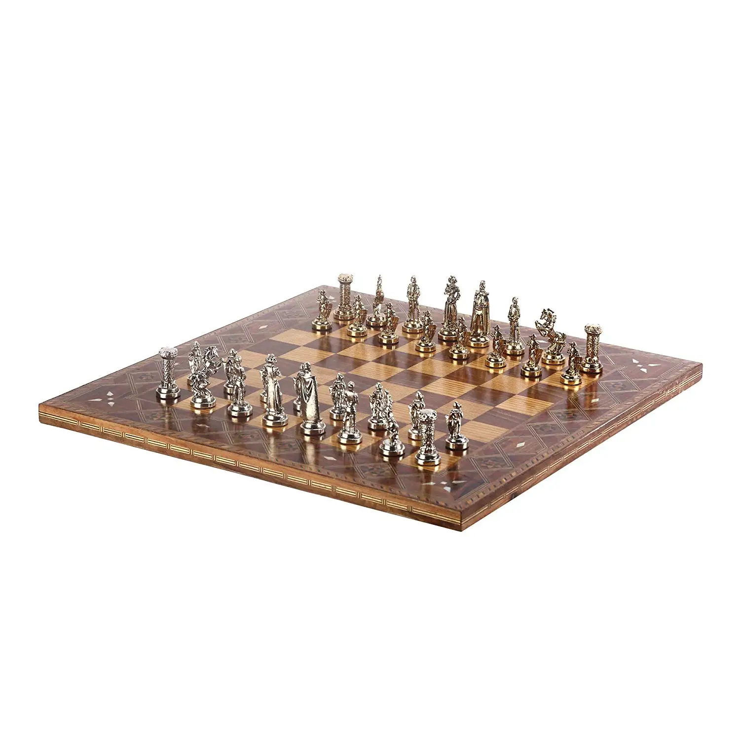 Medieval British Army Metal Chess Set,Handmade Pieces,Natural Solid Wooden Chess Board,Original Pearl on Board King 7 cm