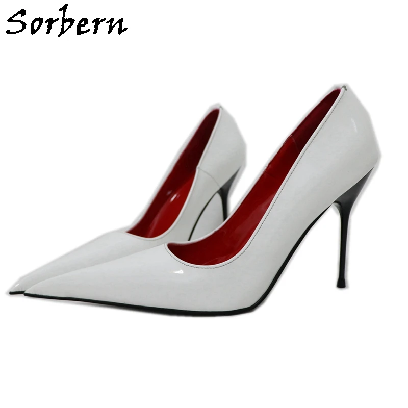 

Sorbern White Shiny Genuine Leather Women Pump Metal High Heel 12Cm Stilettos Italy Style Pointy Toe Shoe Slip On Red Insole