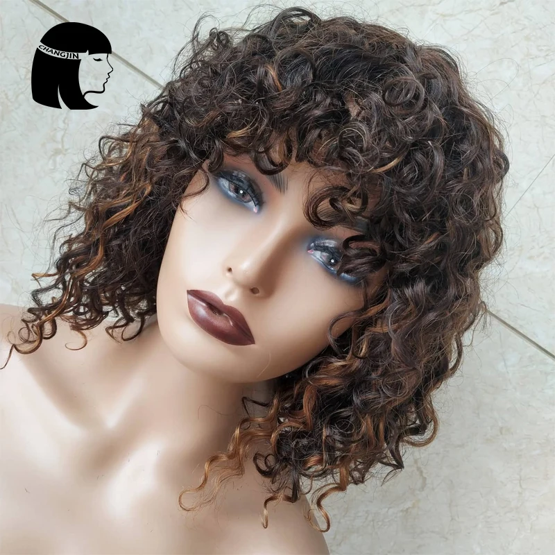 Hightlight Full Machine Made Wigs With Bangs 200 Density Jerry Curly Human Hair Machine Made Wigs For Black Women