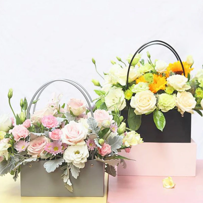 6pcs Portable Packaging Box Waterproof Paper Handy Kraft Paper Back Kraft Flower Handbag Wedding Rose Party Kraft Paper Bags