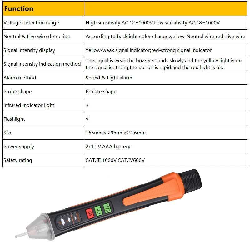 T-02A Electric Indicator Wiring Tester Non Contact AC Voltage Detector Pen Smart Breakpoint Finder Sound Light Alarm 12-1000V