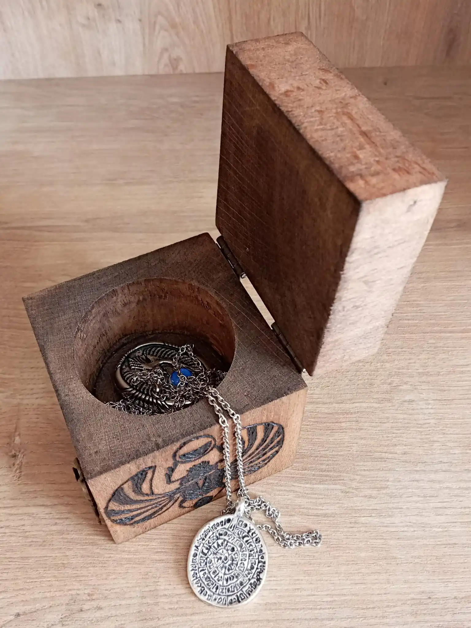 Ancient Egyptian Decor Rustic Wood Wedding Ring Necklace Box.