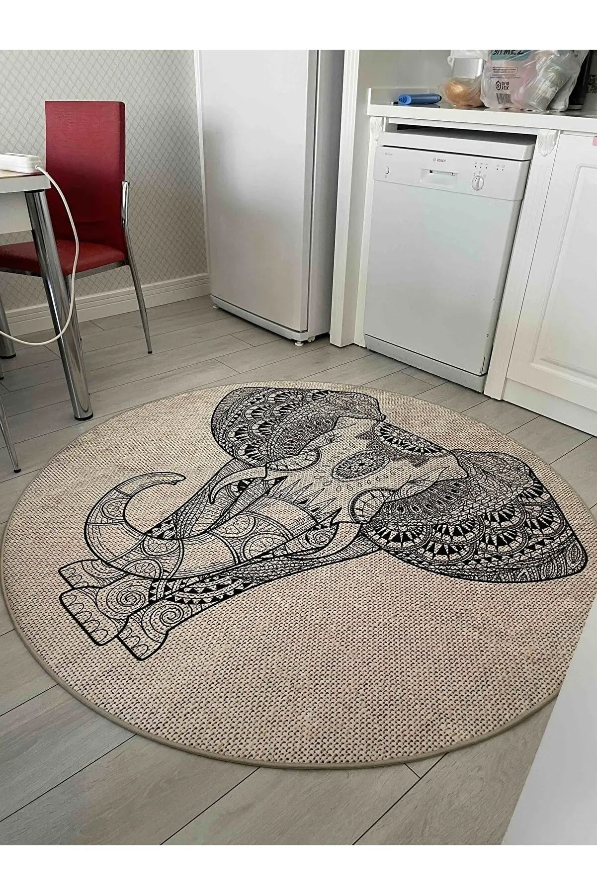 Turkish Round Damask Elephant Pattern Digital Printing Washable Carpet For Living Room, Kitchen Floor Mat, Home Decoration Rug,