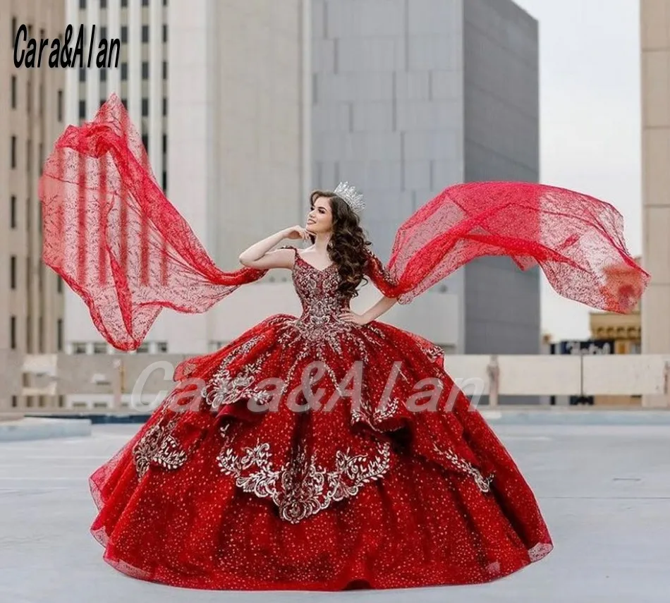 Cara & Alan Sparkle Bourgondië Quinceanera Jurken Lace Applique V-hals Vestidos De 15 Años Lace-Up Sweet 16 Jassen