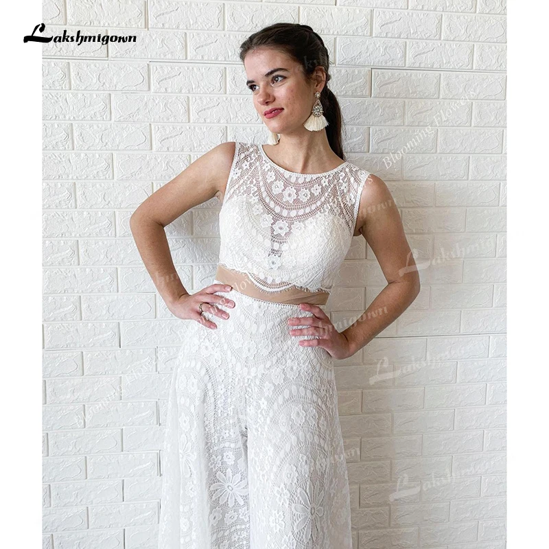 Boho Hochzeit Hosenanzüge 2022 Böhmischen Strand Spitze Braut Overall 2-Stück Tasten Zurück Breite Bein Hosen Ärmel Crop top