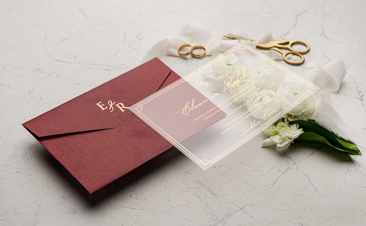 50 burgundy envelopes and transparent wedding invitation card