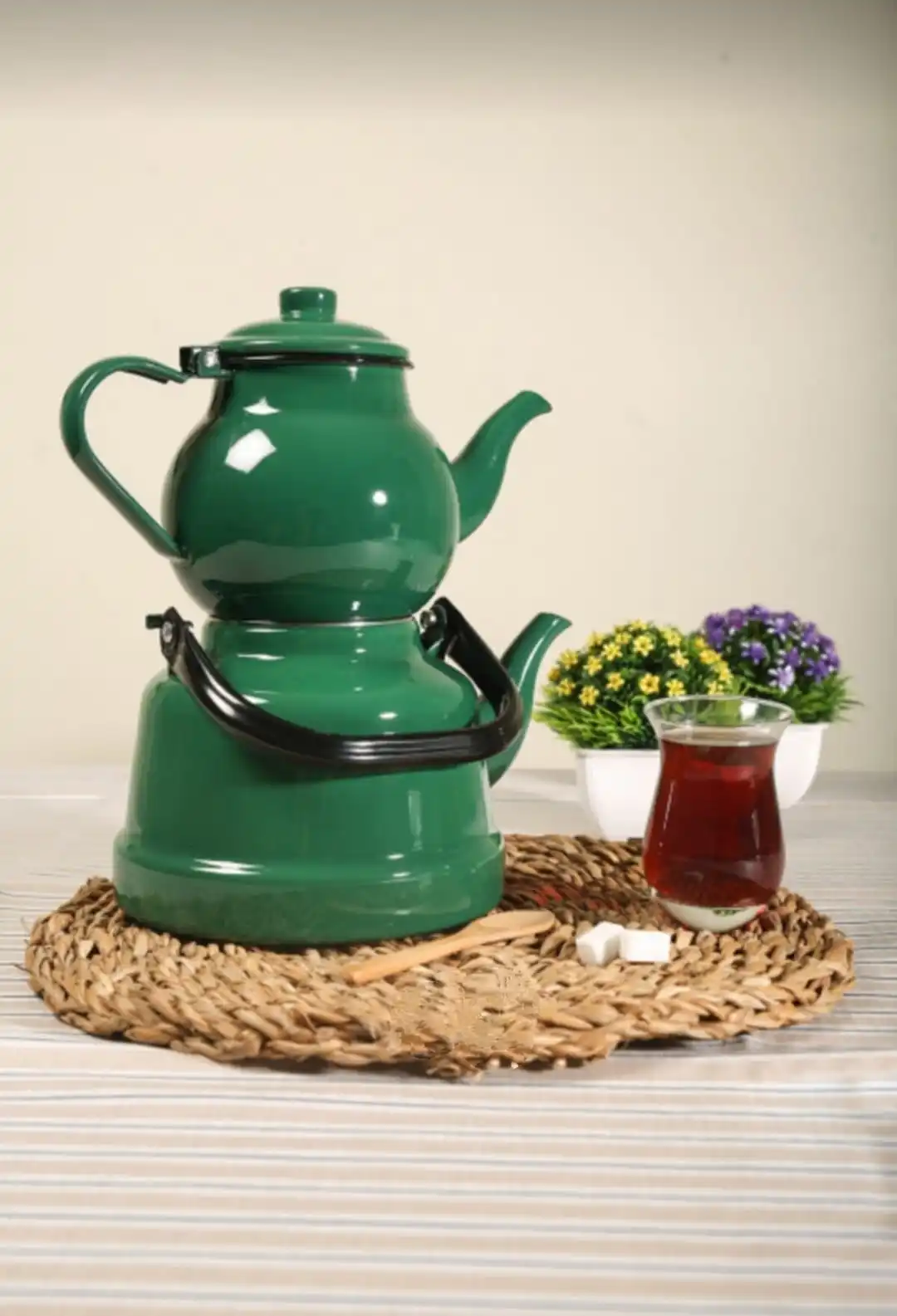 Enamel Nostalgic Medium Size Teapot Set Green Blue Red Color Plastic Handle Kitchen Teapot Set Decor Gift Authentic