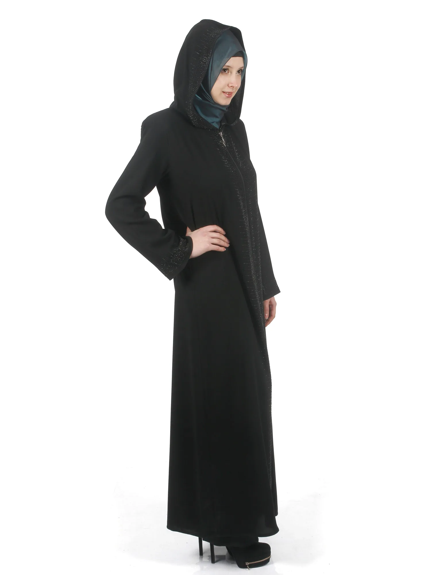 Muslim Kaftan Abaya Hooded Dress Women Eid Dubai Islamic  Full Cover Elegant Turkish Stones Clothing  Abayas Zippered Silky Reis