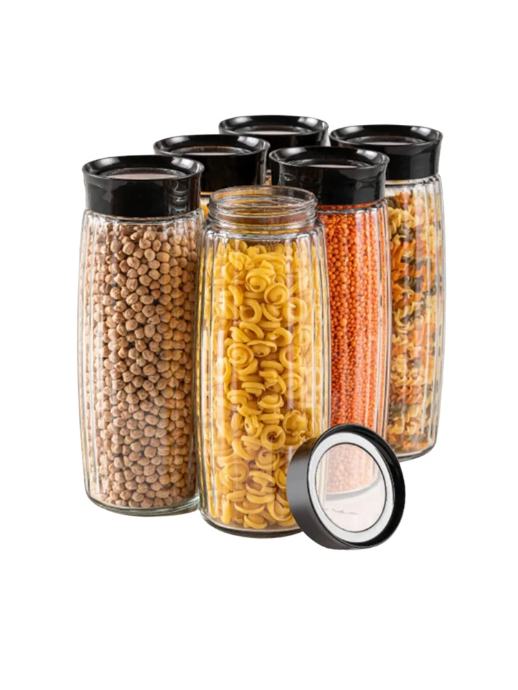 6 Lined Textured Glass Jar Food Container 1600 ml Black Lid Storage High Quality New Model Useful Kitchen Utensils 2022