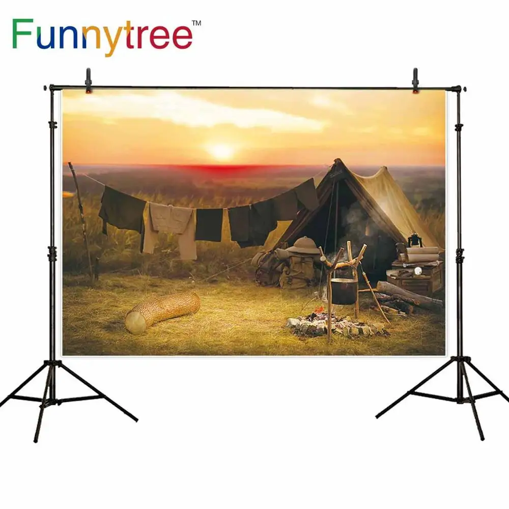 Funnytree Summer Camp campfire tent Backdrop Photography Background hilltop sunrise Travel Children Boy Scouts event backdrops