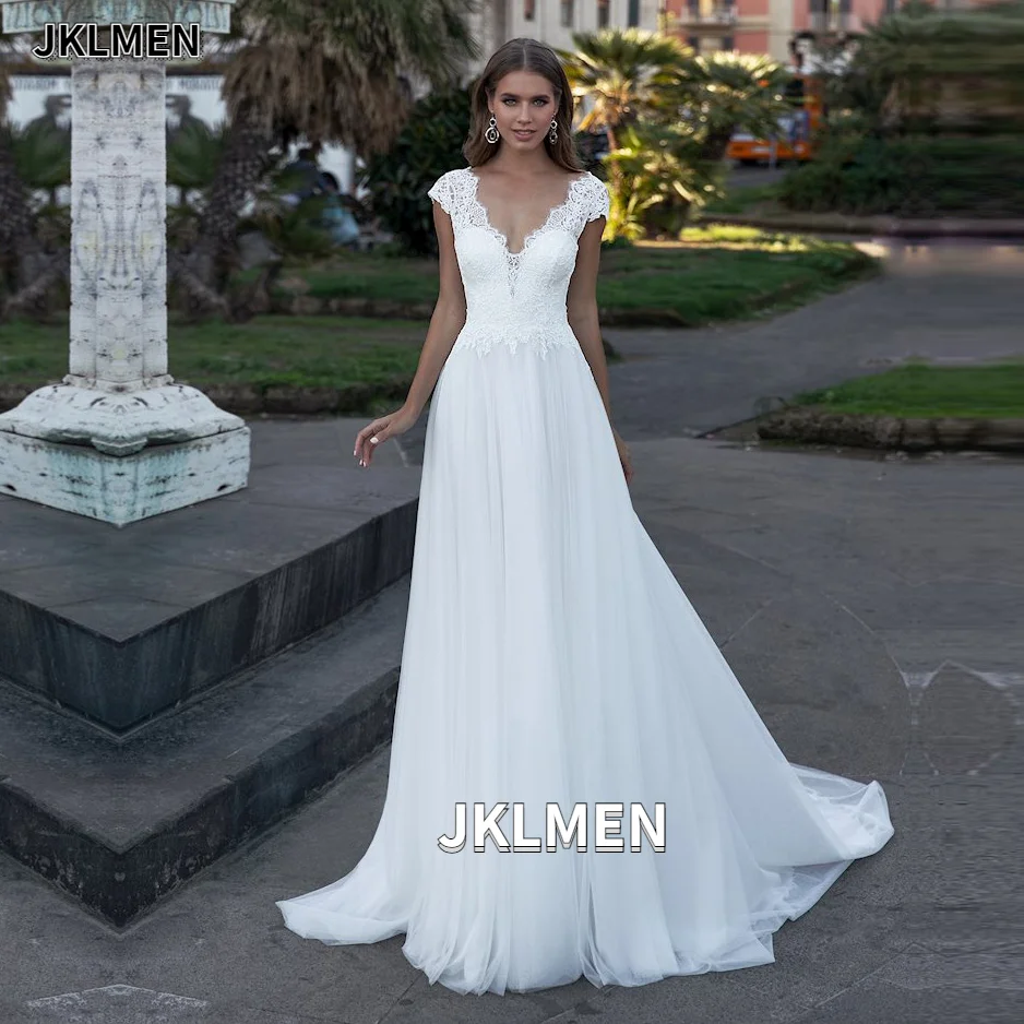 2021 Bohemian Trouwjurk V-hals Kapmouwtjes A-lijn Boho Eenvoudige Bruidsjurken Vestido De Noiva Bridal Party Strand Jurk