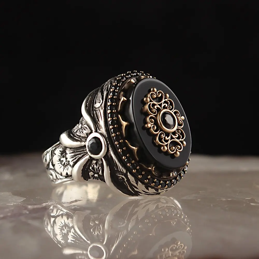 Onyx Stone Pen Engraved Silver Men 'S Ring