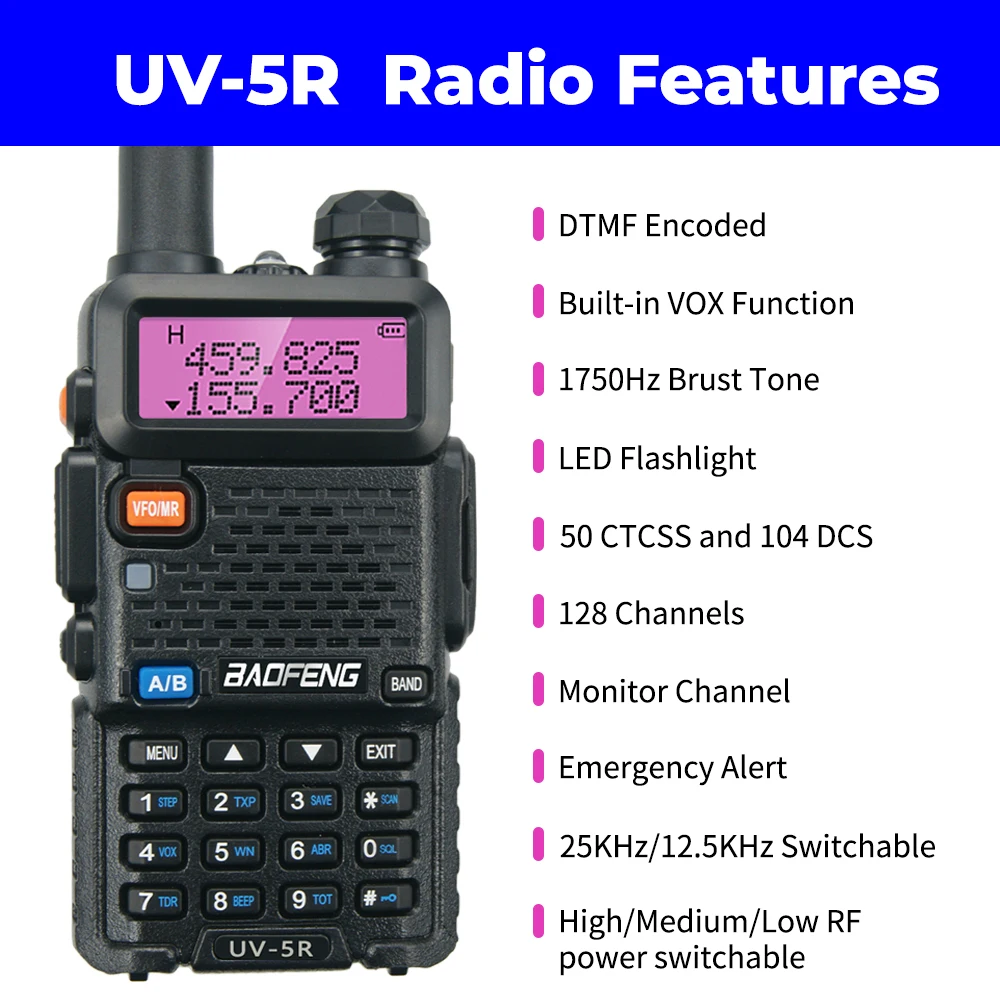 Imagem -04 - Baofeng-walkie Talkie de Alta Potência Rádio de Caça Transceptor de Comunicação Vhf Uhf 10km fm 128 Canais Watts Uv5r Poderoso