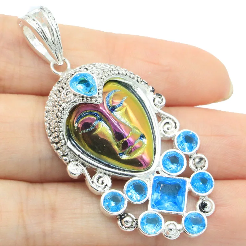 

Buy 4 Get 1 Free 50x24mm Long 13g Rainbow Titanium Goddess Face Rhodolite Garnet Blue Topaz Peridot Silver Pendant