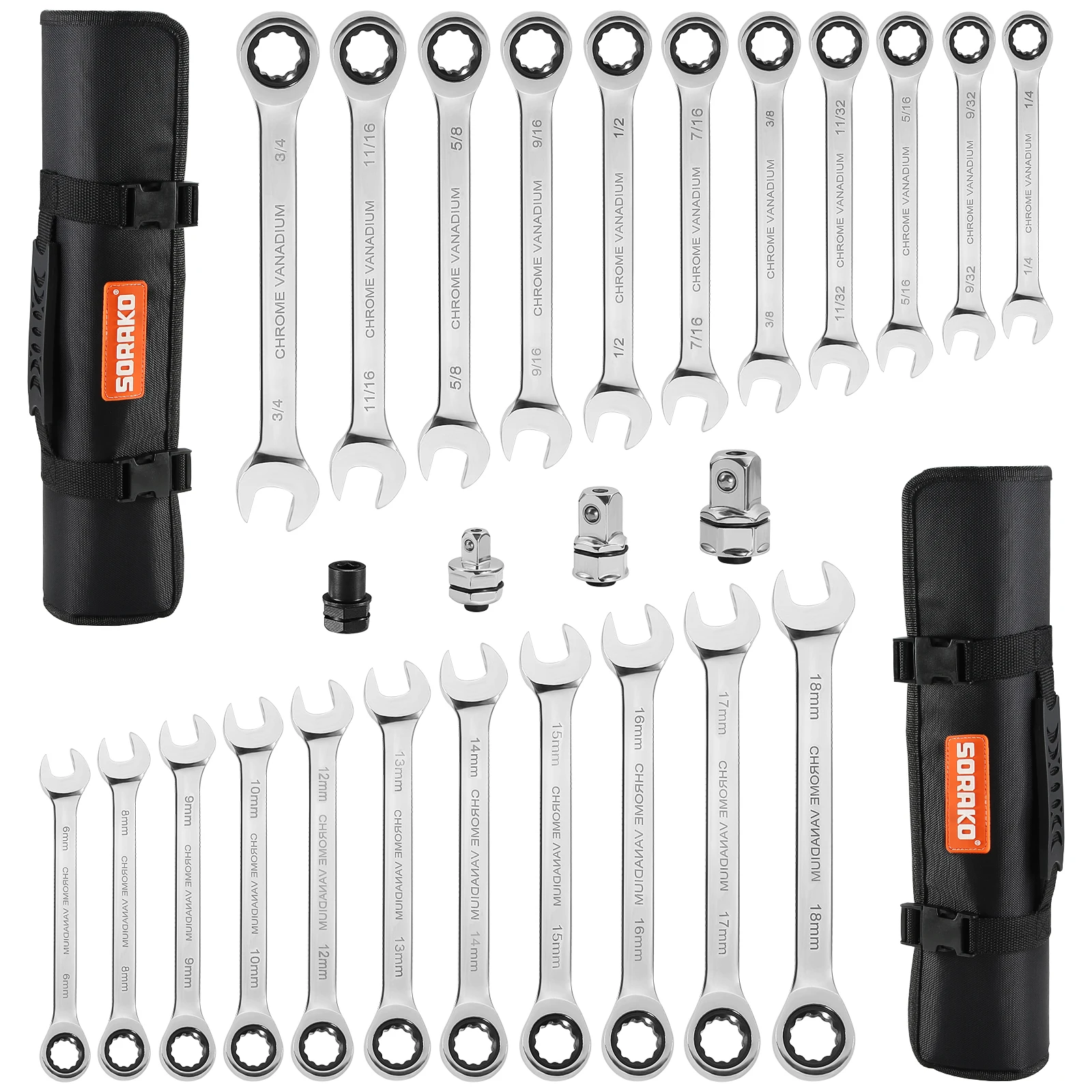 SORAKO Ratschen Kombination Wrench Set, 26-stück SAE Metric Ratsche Kit mit Bit & Buchse Adapter, 1/4 ″ - 3/4 ″ , 6-18mm
