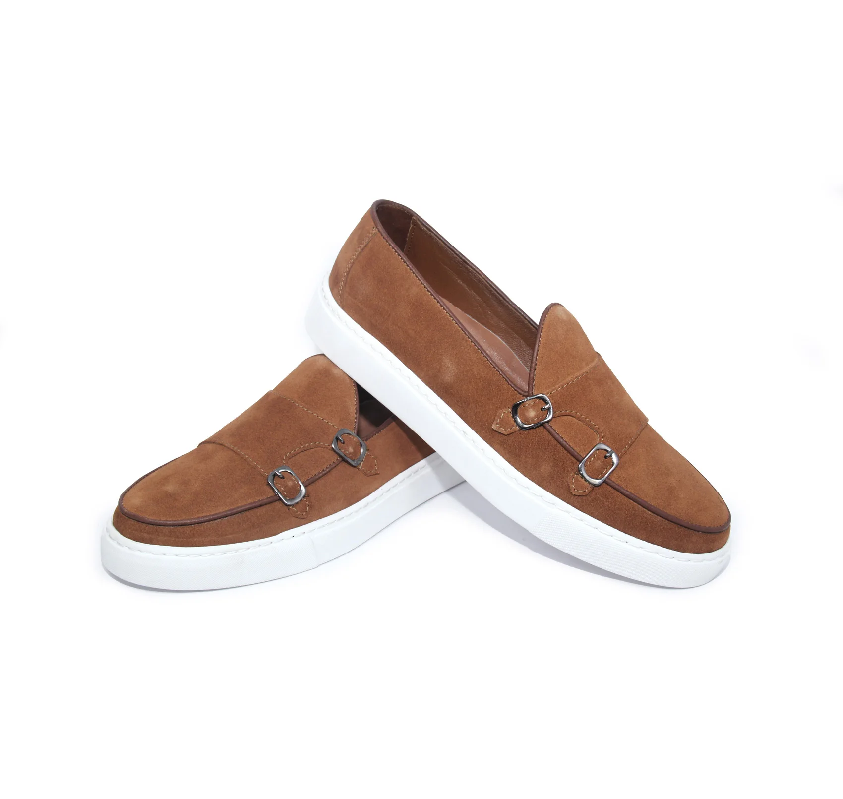 Tobacco Suede Double Monks Strap Slip On Sport Loafers with Lightweight EVA Sole, Light Camel Brown Calfskin, Casual Men's Shoes