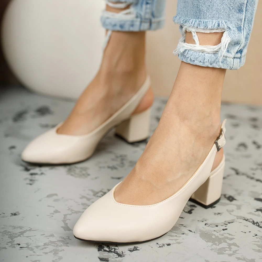 Cream Faux Leather Ankle Strap Women Sandals Pointed Toe Heels for Women Thick Heel Pumps for Women 7 cm Heels Ladies Pumps