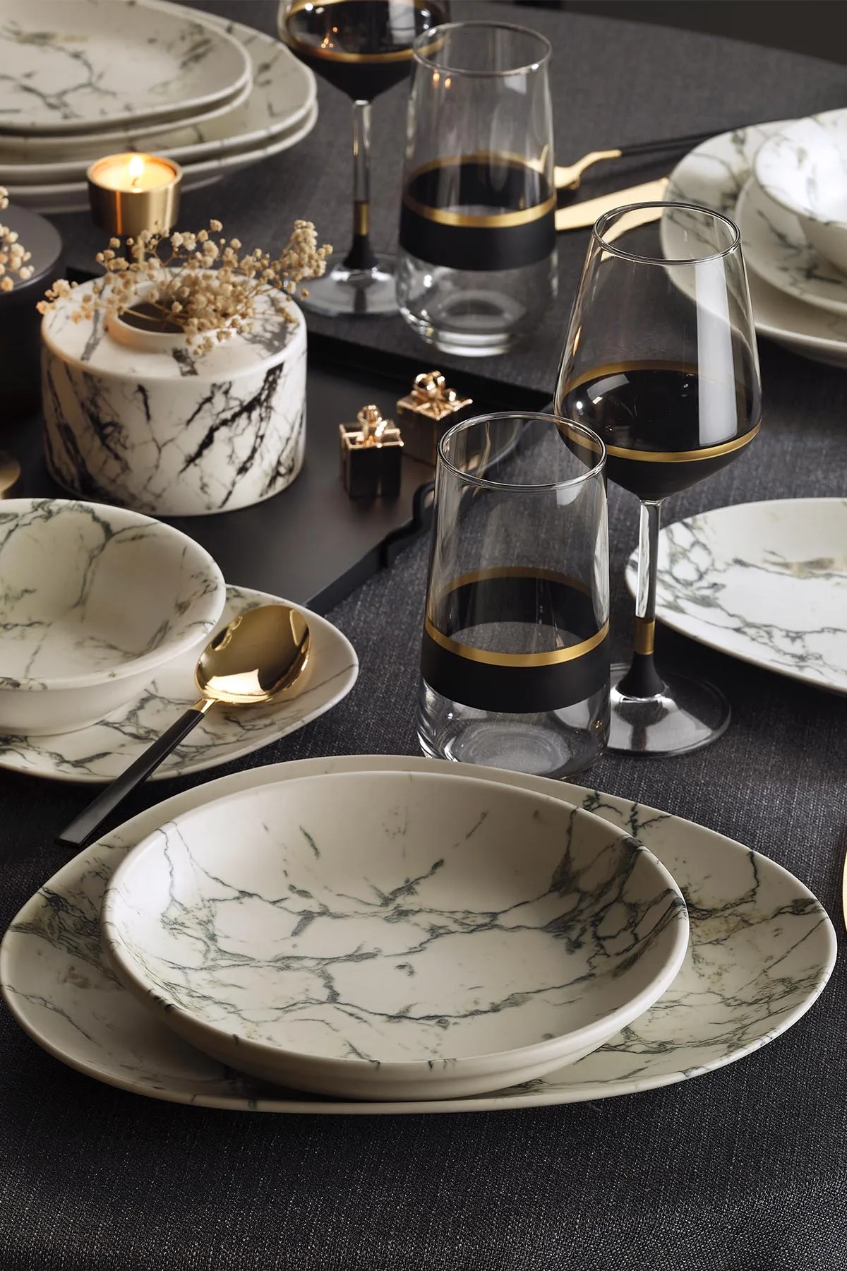 Durable Marble Pattern Stylish Design 6 Persons 24 PCS Porcelain Turkish Made Dinnerware Set