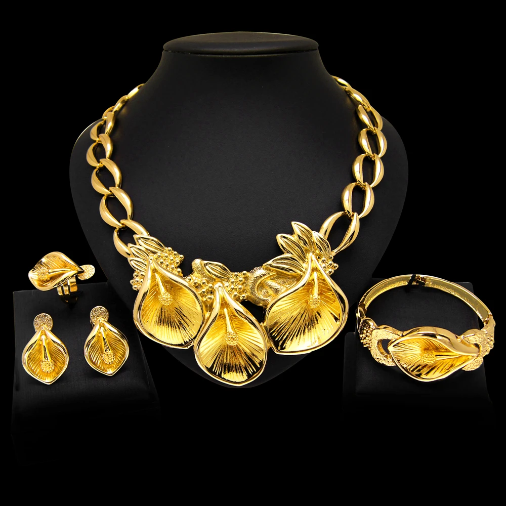 Ensemble de bijoux plaqué or pour femme, collier et boucles d'oreilles, boucles d'oreilles bourgeon de fleur, bague, fête, conception exagérée, banquet, mode