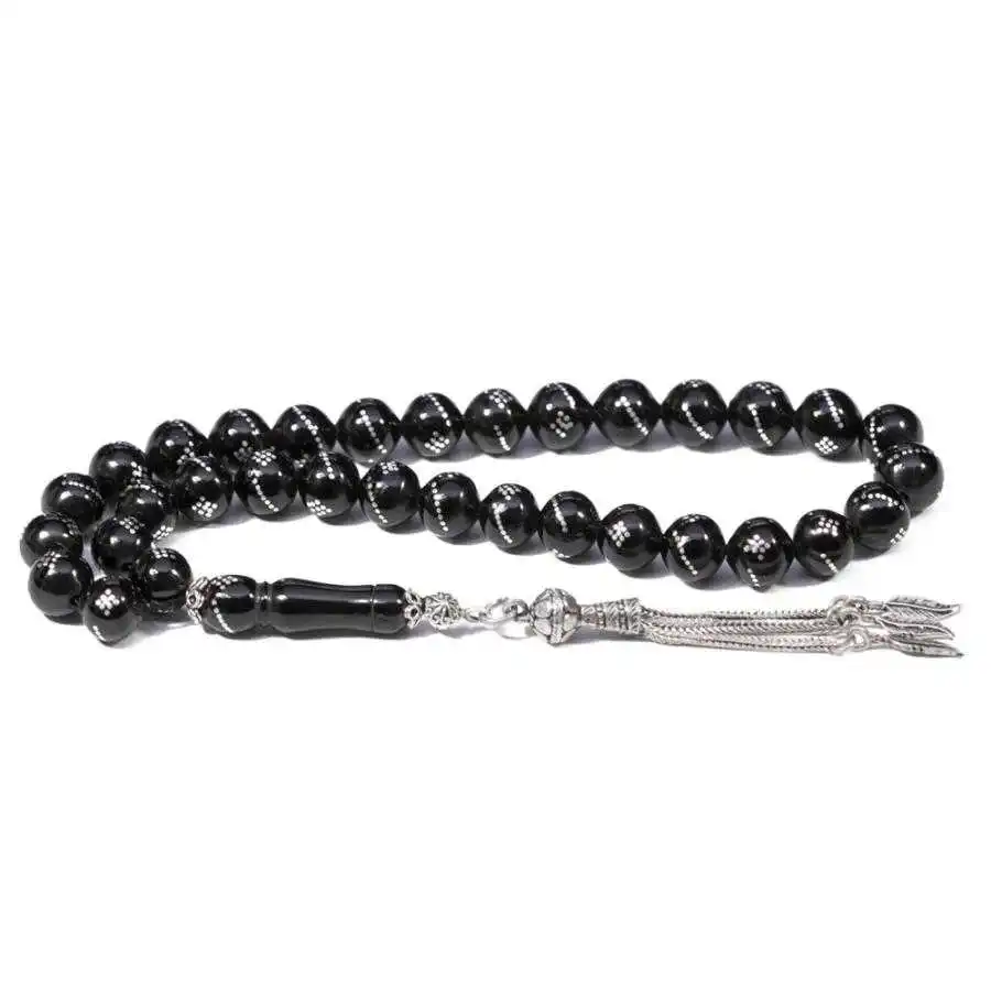 Bore and Diamond Shape Inlaid Jet Rosary (Tasbih)