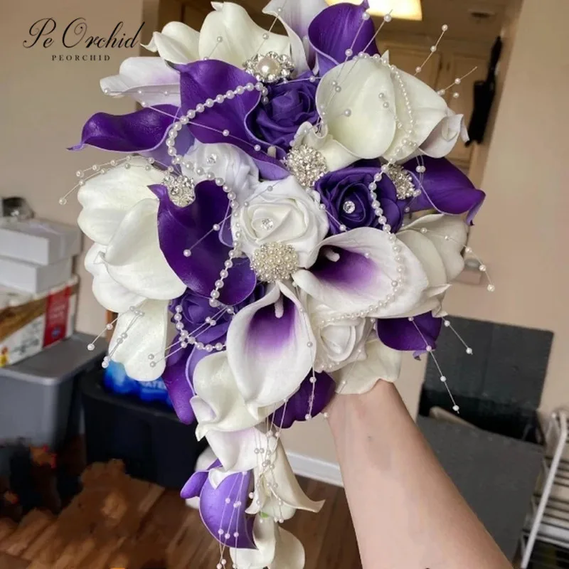 

PEORCHID Teardrop Pearl Brooch Bridal Bouquet Purple White Artificial Real Touch Calla Lilies Rose Wedding Decoration Bouquets