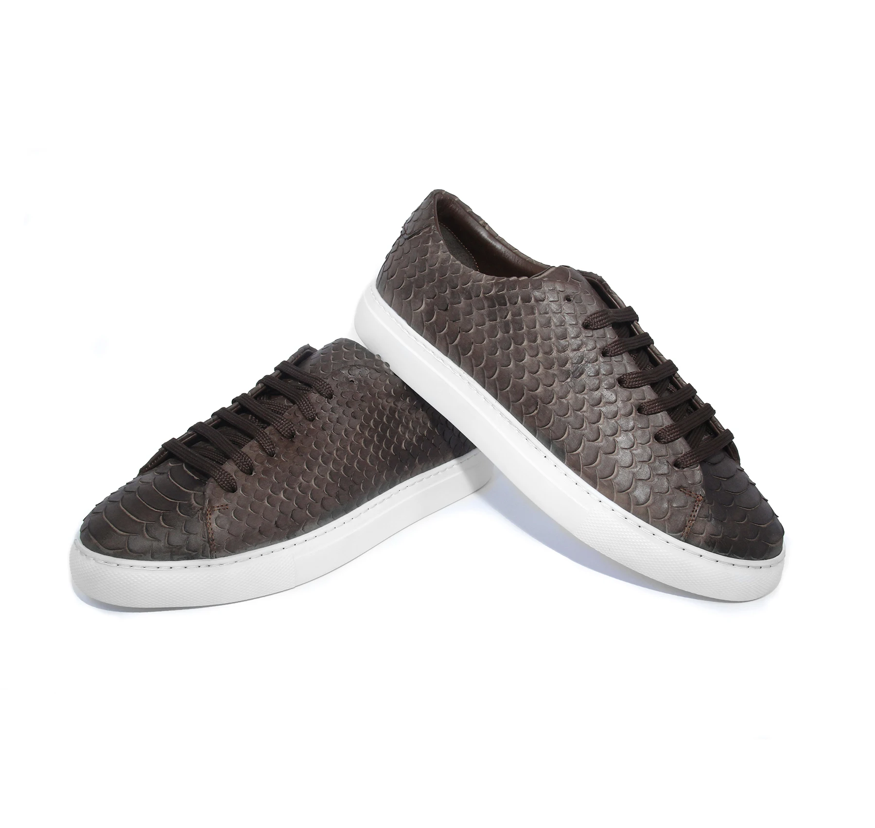 Handmade Brown Sport Sneakers with Natural Calf Skin with Snake Skin Pattern, Leather Insole, Lightweight EVA Sole, Men's Casual