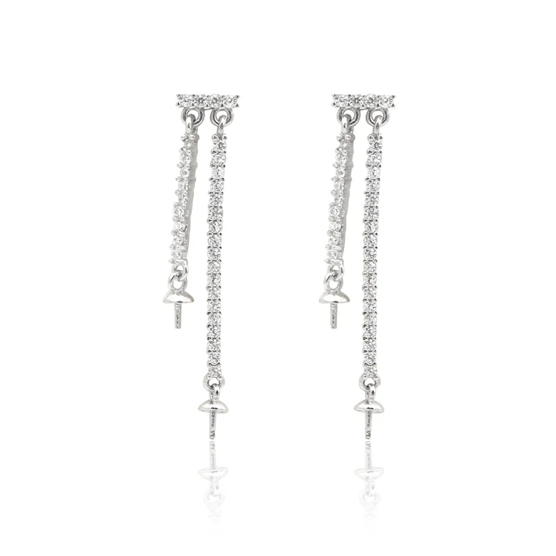 2pcs 925 Sterling Silver Stud Dangle Earrings Settings Findings Platinum Plated  With Zirconia  Fit For Half Drilled Beads