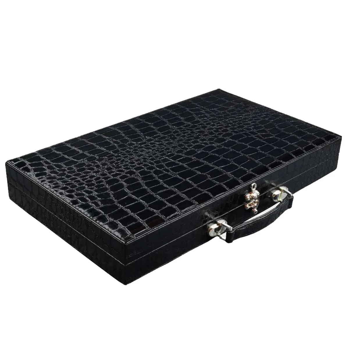 Leather Bag Backgammon Black Crocodile Large Ottoman Solid Wood Table Game Dimensions: 48.0 x 28.5 x 6.5 cm