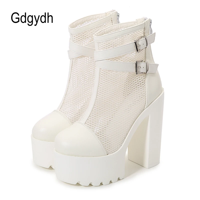 Gdgydh Air Mesh Women Ankle Boots Platform Square High Heels Breathable High Thick Bottom Summer Shoes Dress Round Toes White