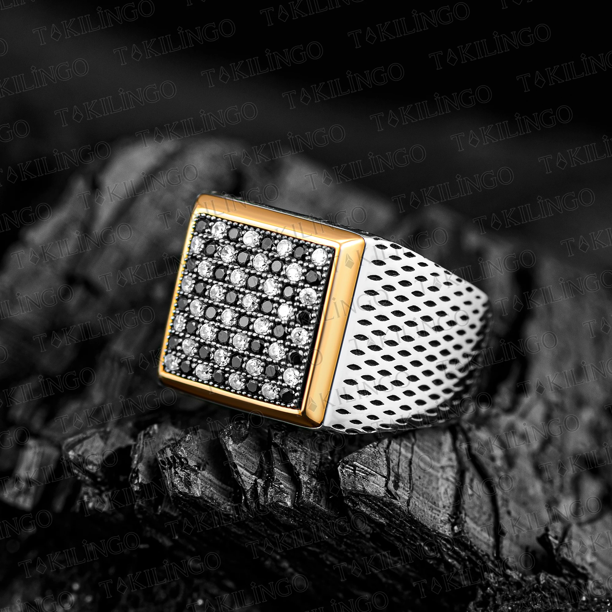 

925 Sterling Silver Black White Mini Zircon Stone Checkers Pattern Special Design Production Craftsman Handmade Biker Men's Ring