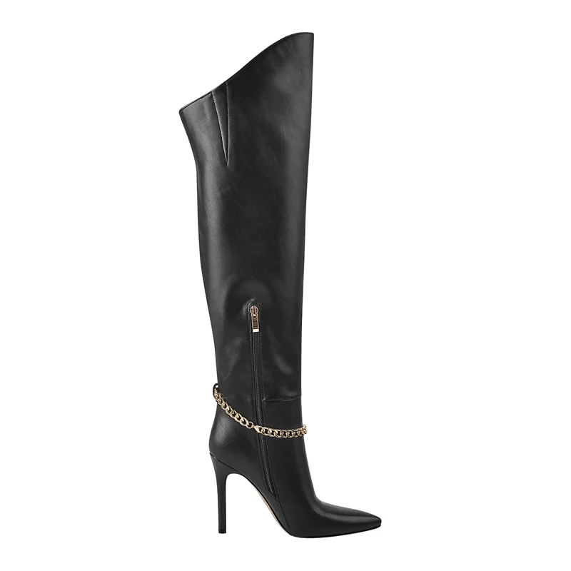 Onlymaker Woman Over The Knee Boots Pointed Toe Thin High Heels Matte Black Metal Chain Zipper Big Size Boots Shoes