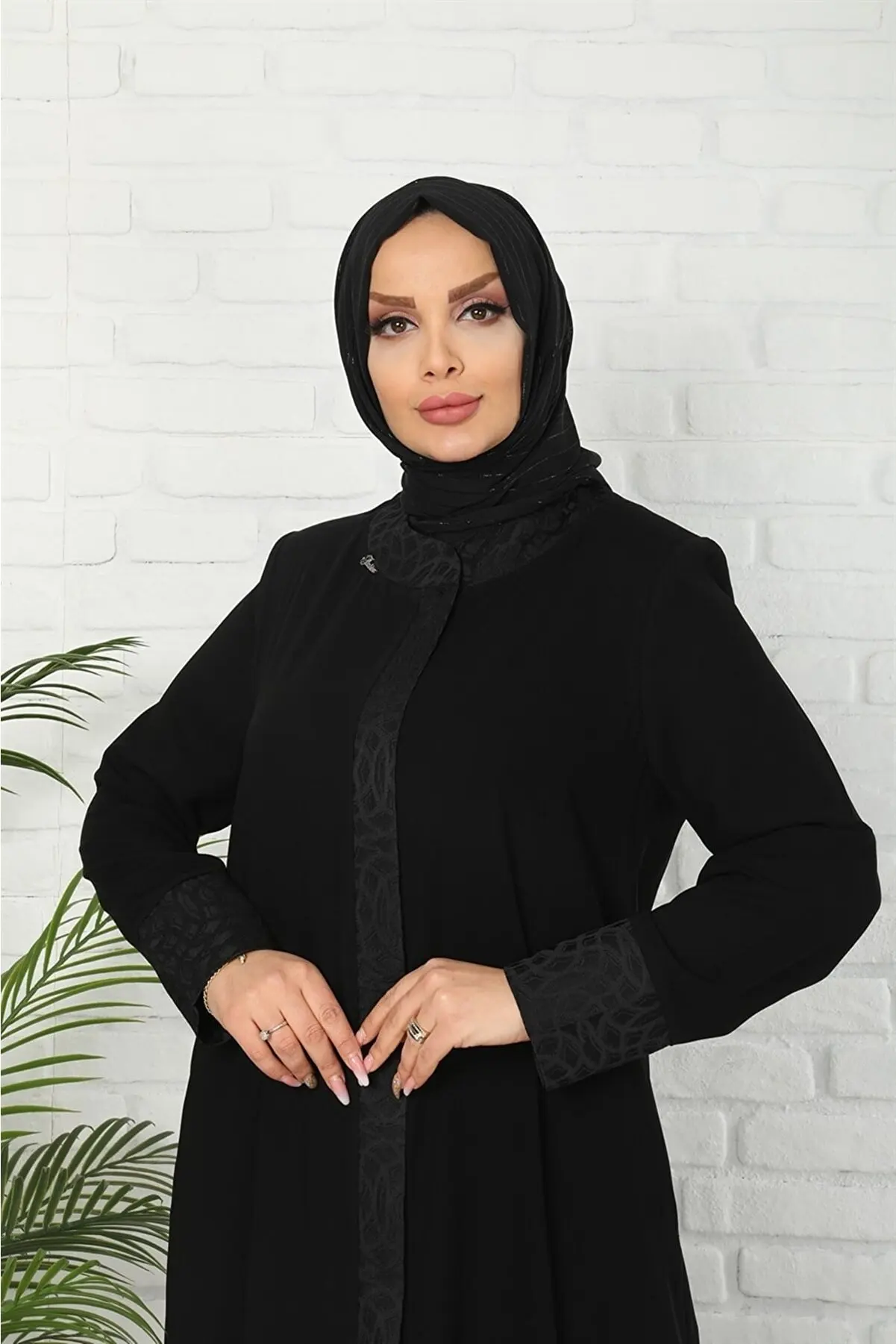 Tuğralı Medine Ipeği Siyah Desenli Ferace TRYF1001 large big size women long sleeve Mevlana Ferace Siyah MVLN abaya mont summer