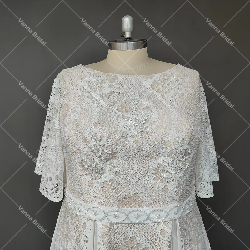 Fotos reais do laço país barco pescoço vestidos de noiva chiffon mangas curtas beading praia uma linha feito sob encomenda destino vestido de casamento