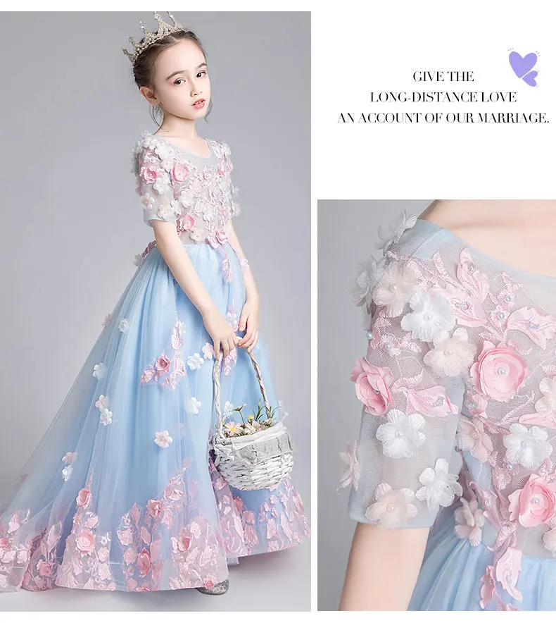 CloverBridal 2021 Appliques di fiori bambino 3-bambino 11 vestito da ragazza con treno O collo in rilievo fiori abiti lunghi da ragazza di fiore