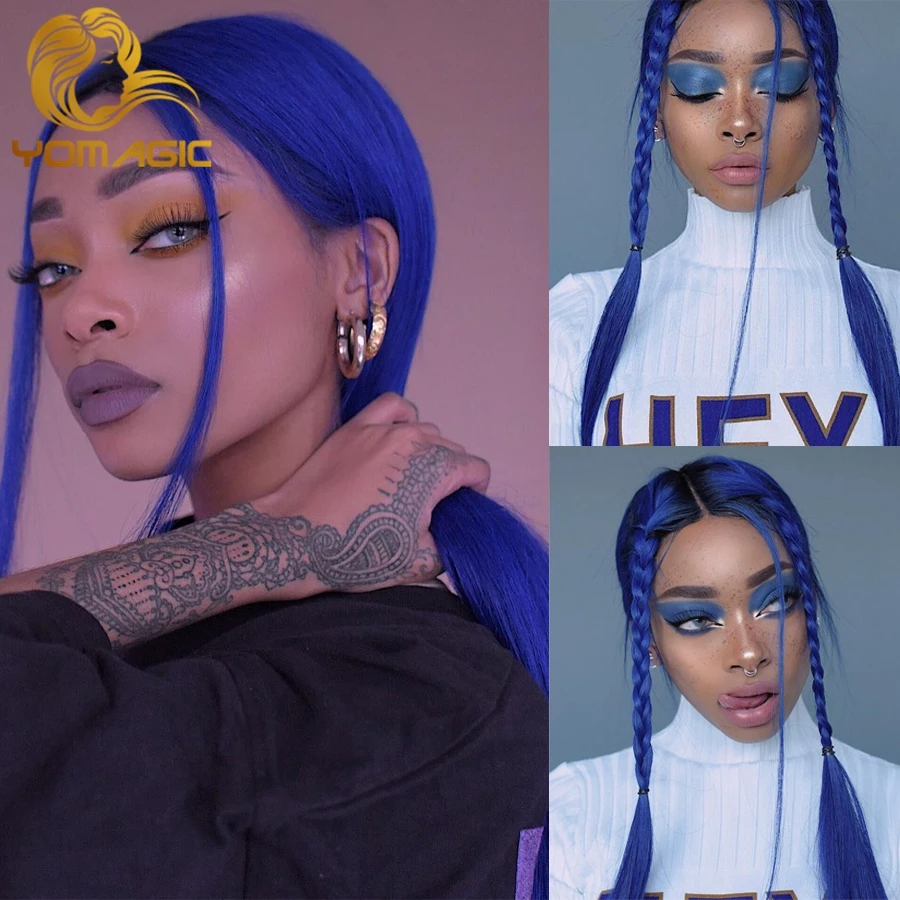 

Yomagic Blue Color Synthetic Hair Wigs for Women Natural Straight Lace Front Wigs Affordable Colored Cosplay Wigs for Party
