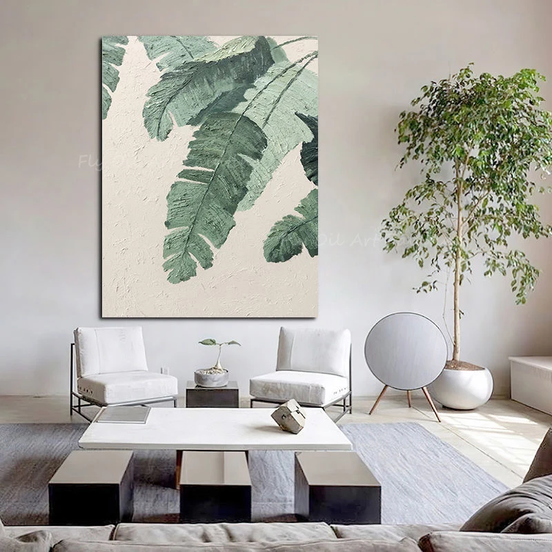 100% Handpainted green leaf thick simple nordic tropical pop design large size oil painting for home office decoration as a gift