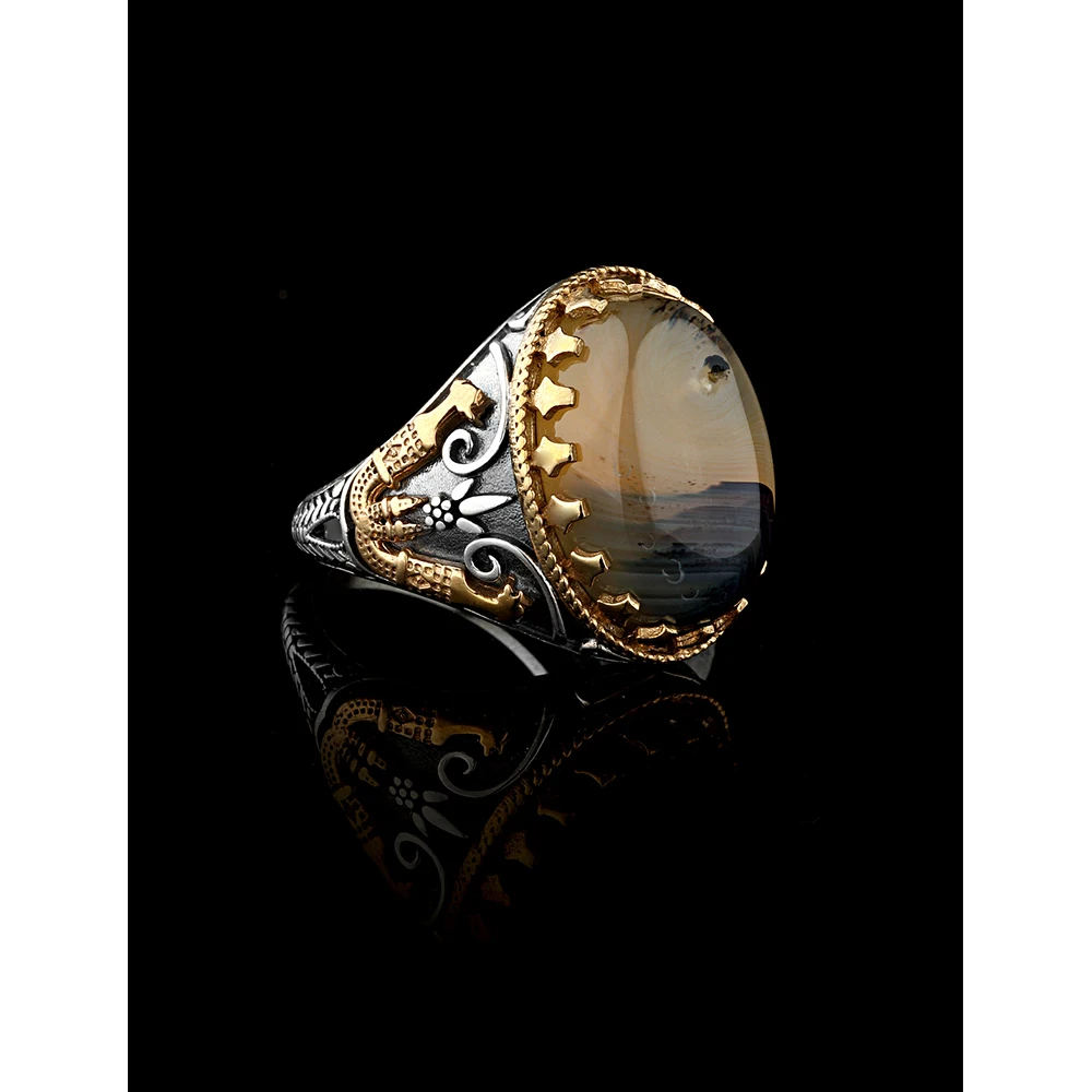 

Detailed Design 925 Sterling Silver with Natural Kerchief Agate Rings for Men