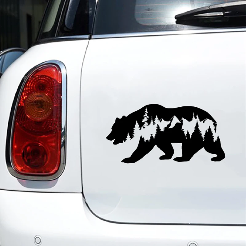 Bear And Mountains Adventure Vinyl Sticker Car Door Window Decor, Animal Silhouette Laptop Decals for Apple MacBook Pro/Air