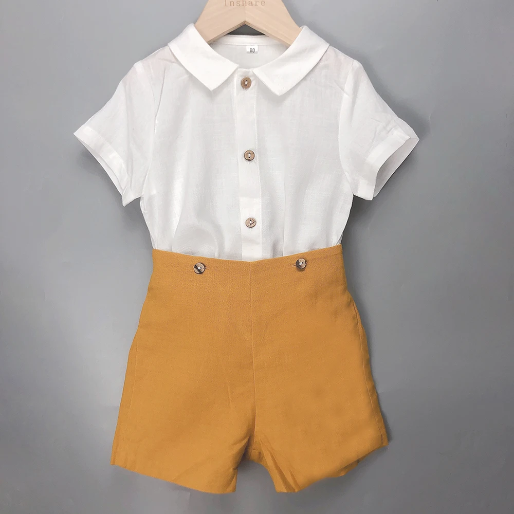 Children Boutique Spanish Clothing Summer Baby Girls Yellow Romper Short Sleeve Cotton Linen Boy Set Sister Brother Outfit