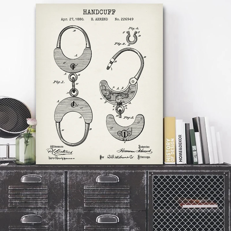أصفاد يدوية ملصق مخططات فنية لوحة شرطة ديكور أصفاد 1880 براءة اختراع عتيقة قماش يطبع هدايا شرطي