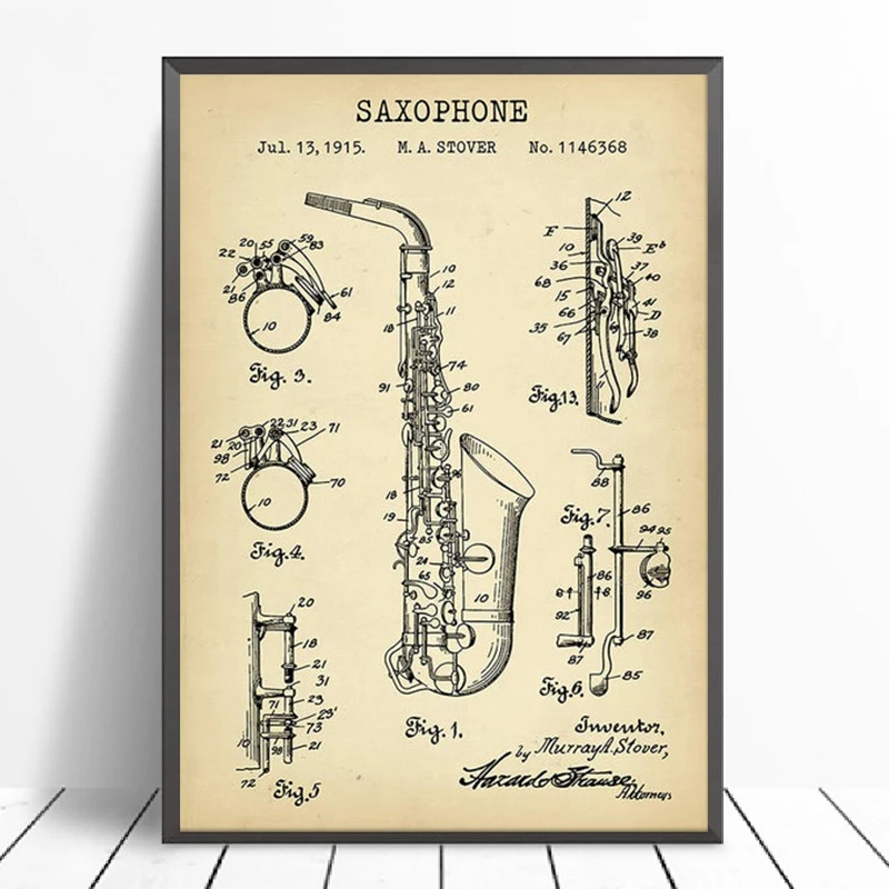 Saxophone Patent Vintage Poster Prints Musician Saxophonist Gifts Musical Instrument Blueprint Art Canvas Painting Wall Decor