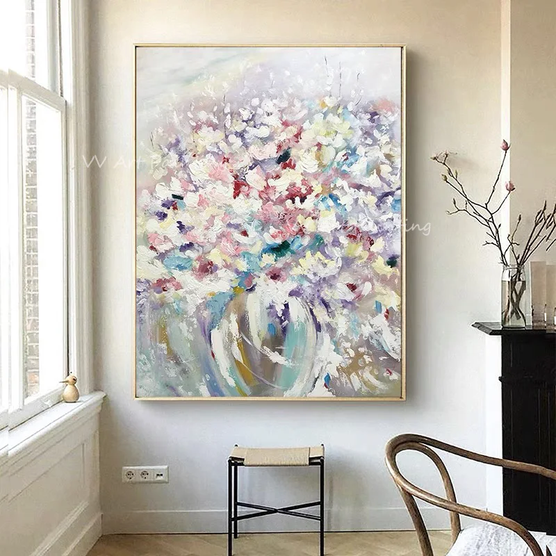100% Handmade Impasto Floral Canvas Art, Vertical Pastel Bouquet in Vase Painting, Thick Texture Botanical Large Home Wall Decor