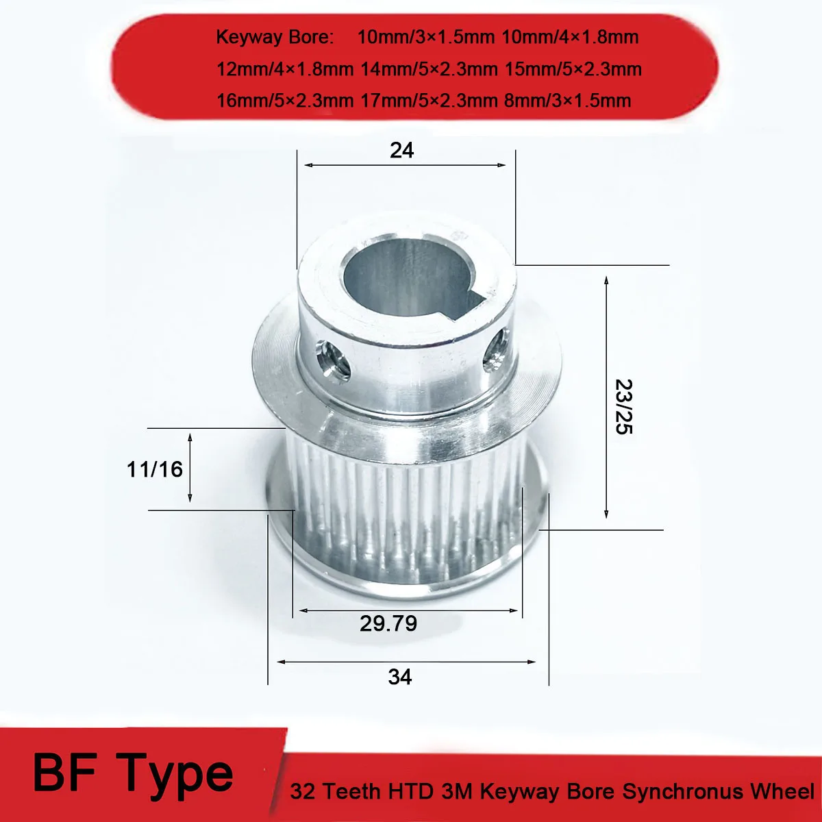 

32 Teeth HTD 3M Aluminium Timing Pulley BF Type 8/10/12/14/15/16/17mm Keyway Bore Synchronus Wheel For Width 10/15mm Timing Belt