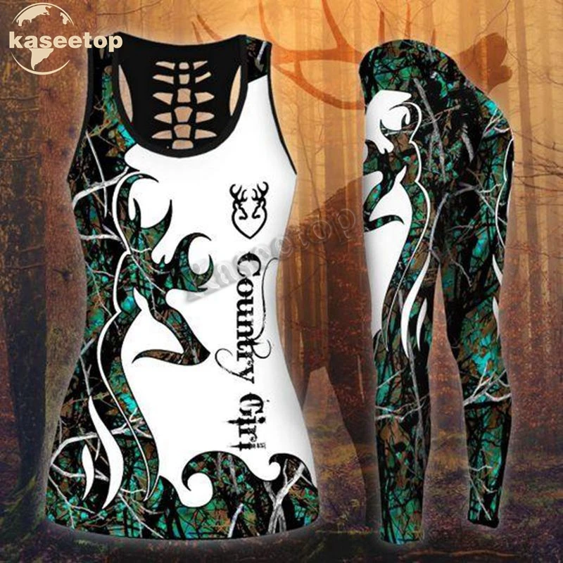 Kaseetop Country Girl Hunting Deer Two Piece Yoga Set Women 3D Print Vest Hollow Out Hollow Tank & Legging Outfit Summer LK124