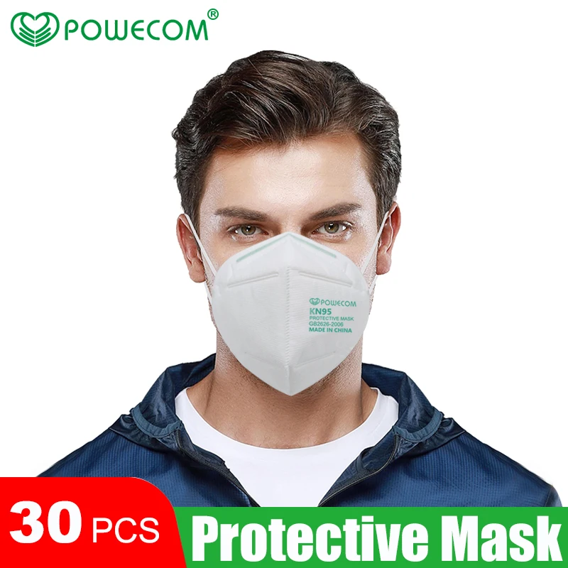 30PCS Powecom KN95 Mask Dustproof Face Masks Respirator 95% Filtration Soft and Breathable Facemasks Protective Mouth Masks