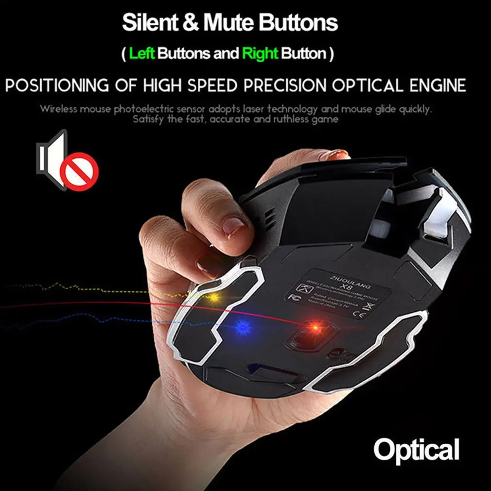 2021 HOT X8 Super Quiet Wireless Gaming Mouse 2400DPI Rechargeable Computer Mouse Optical Gaming Gamer Mouse for PC Black